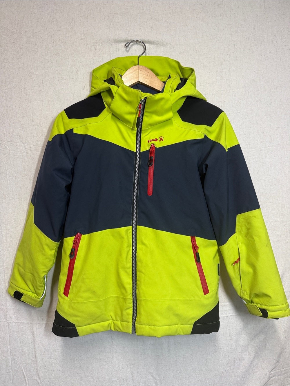 Kamik Neon Lime and Black Colorblock Hooded Kids Jacket with Red Zips